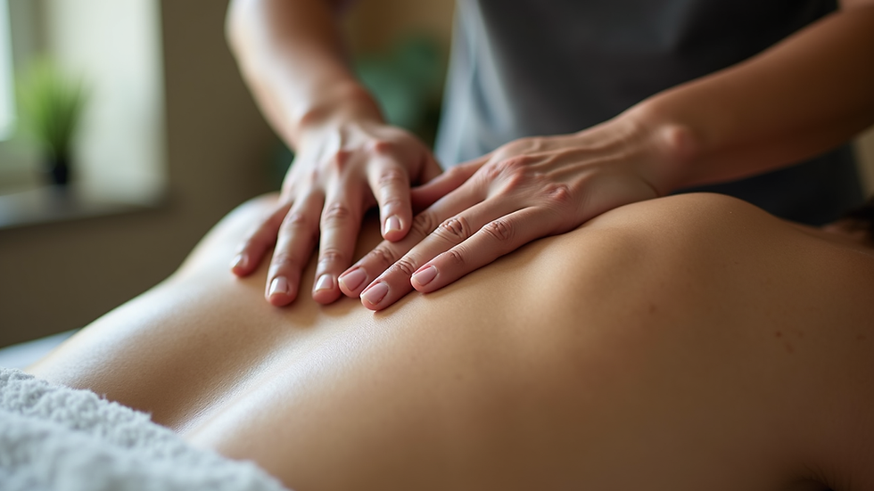 Close-up view of massage therapist applying deep pressure on back muscles