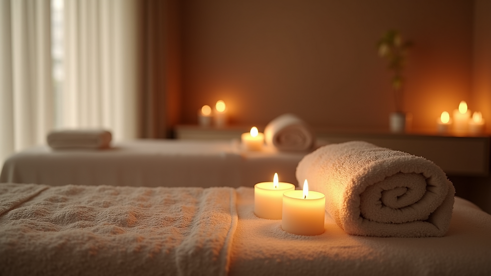 High angle view of a massage room with candles and soft towels