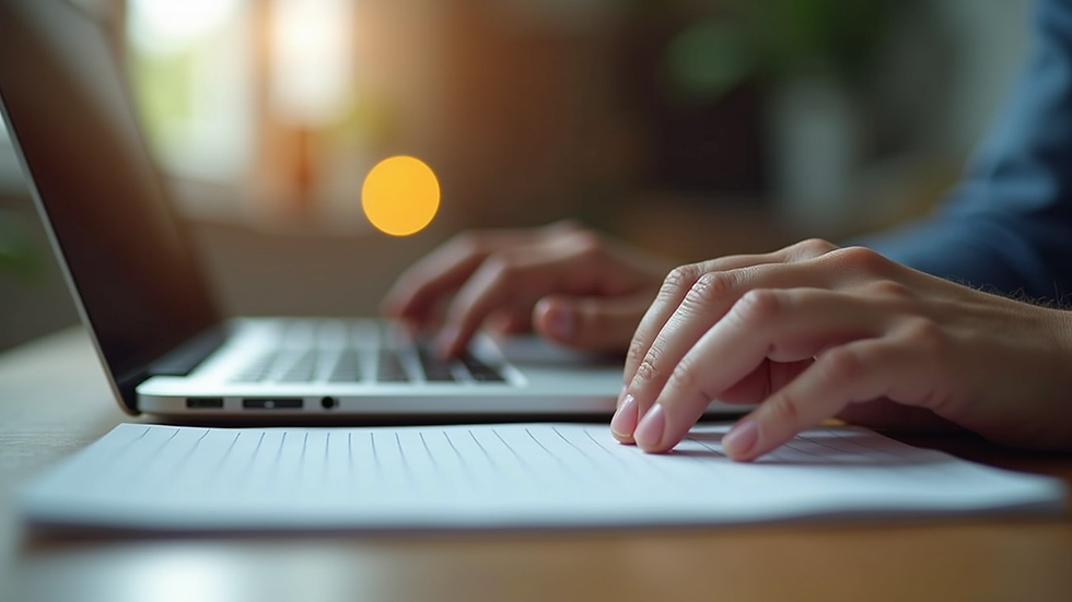 Eye-level view of a person typing on a laptop with a notepad beside them