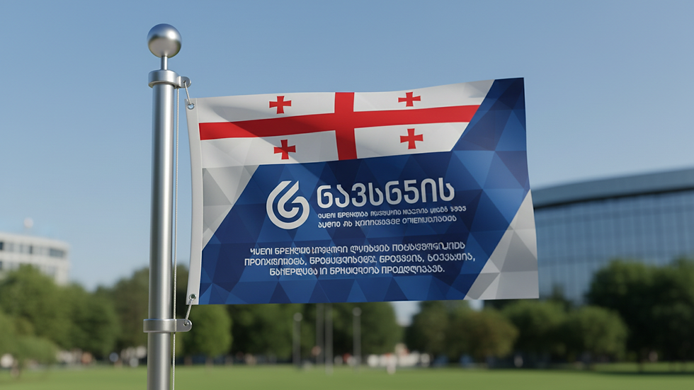 Close-up view of a flag pole with a custom logo flag attached