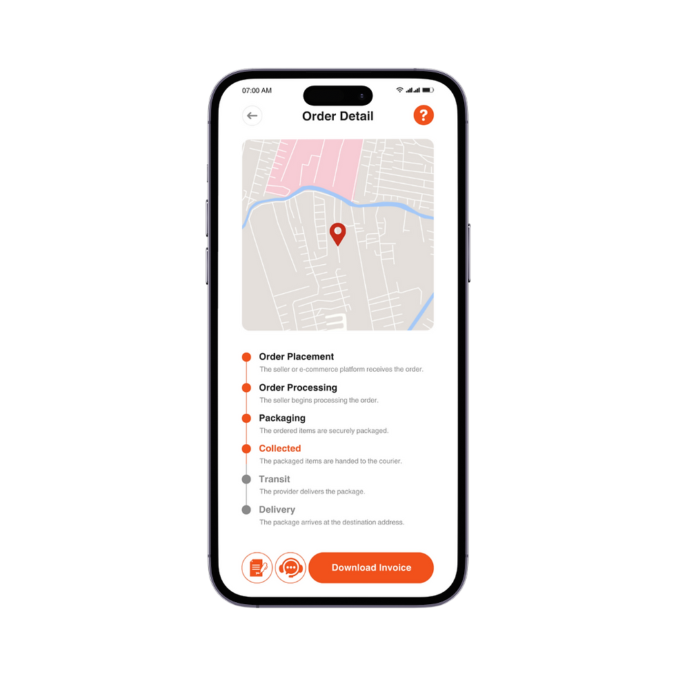 Order tracking screen showing a map with a red pin, order progress steps, and a 'Download Invoice' button.