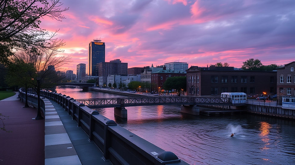 City skyline at sunset with purple-pink clouds. A river reflects the vibrant sky, a lone bird in the water. A bridge and trees line the riverbank.