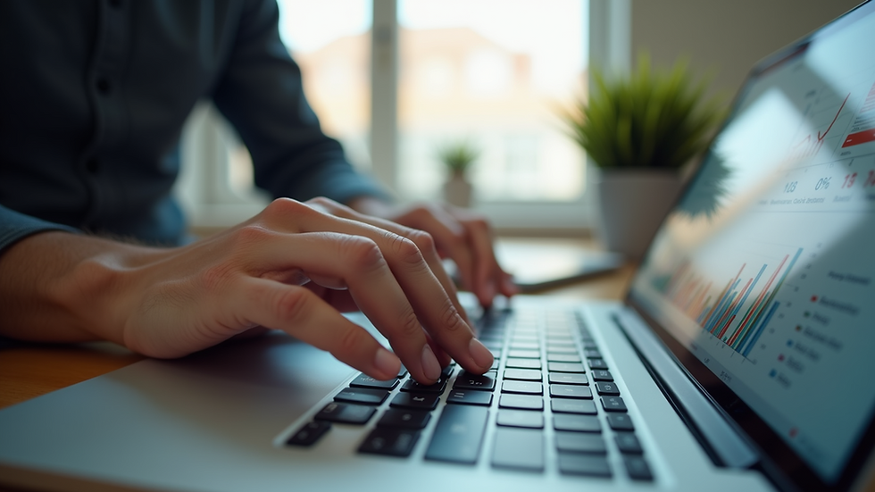 Close-up view of a person analyzing marketing data on a laptop