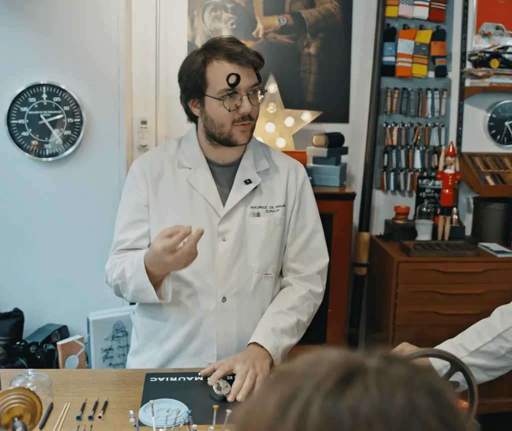 Watchmaker instructor demonstrating mechanical watch components during a Maurice de Mauriac workshop in Zurich — Byca watchmaking course.