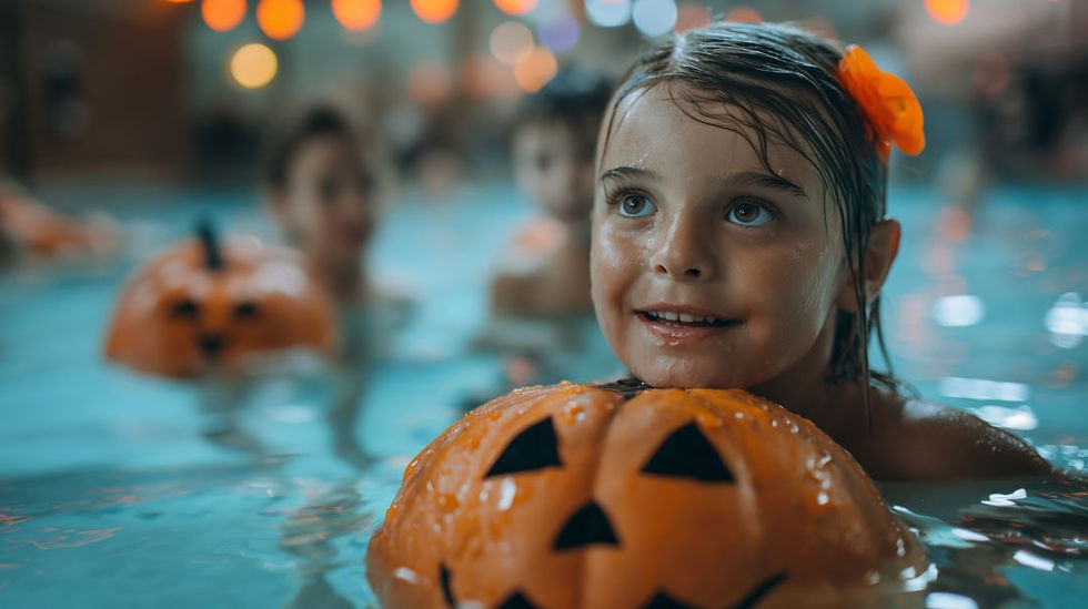 Child with a pumpkin pool toy in a swimming pool, smiling. Orange Halloween decorations hang in the background, creating a festive mood.