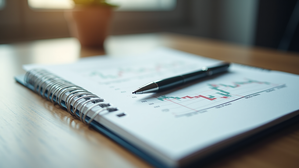 Close-up view of a notebook with handwritten trading notes and a pen