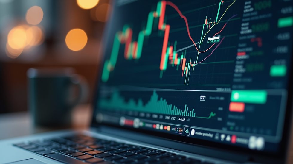 Eye-level view of a laptop screen showing forex charts