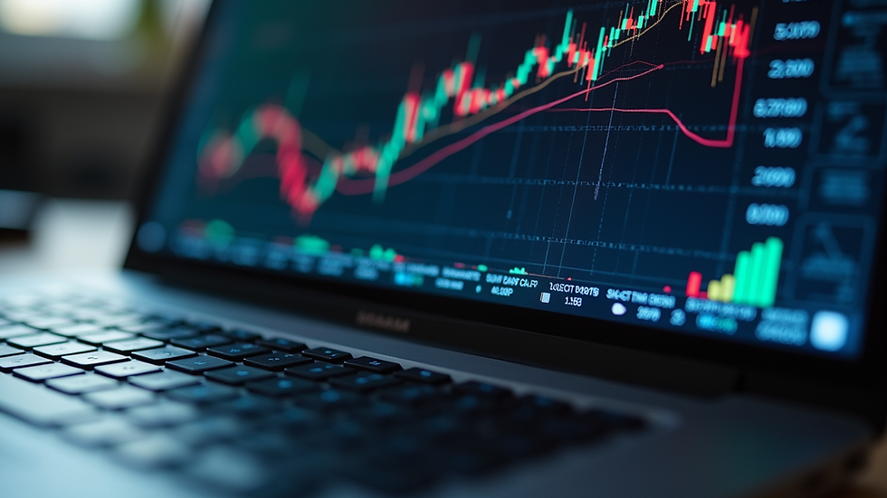 Eye-level view of a laptop screen showing Forex charts and trading signals