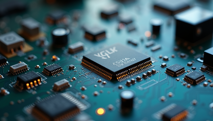 Close-up view of a semiconductor chip on a circuit board