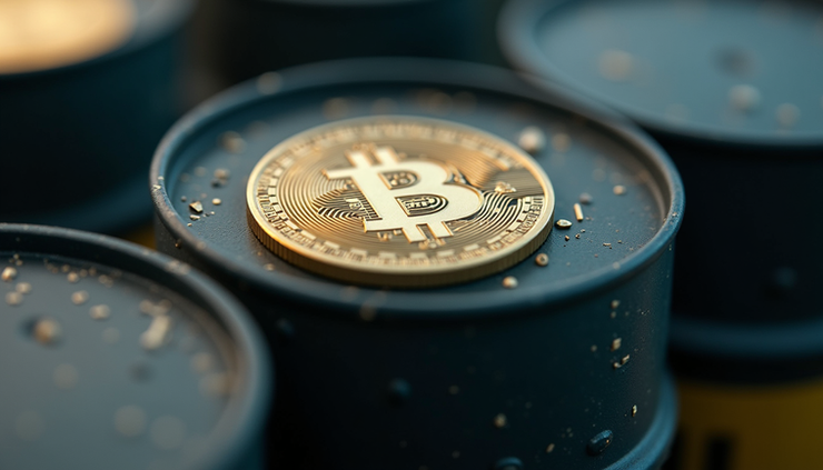 Eye-level view of a digital oil barrel icon representing the $UGOR token