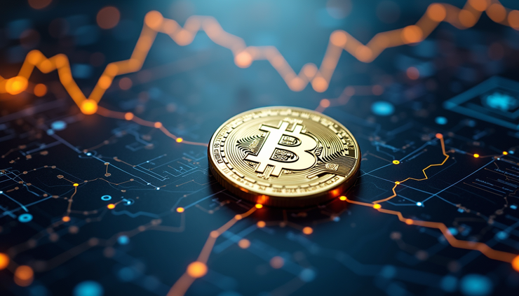 High angle view of a futuristic digital coin representing cryptocurrency surrounded by blockchain network graphics