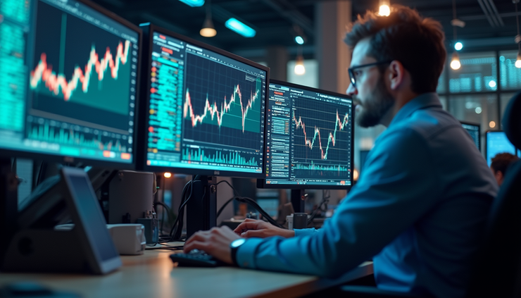High angle view of a trading desk with multiple screens showing U.S. 30 technical indicators