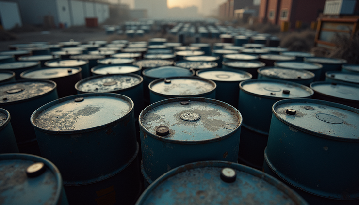 High angle view of oil barrels stacked in a storage facility