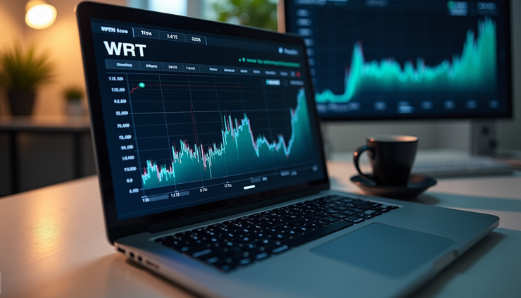 High angle view of a laptop screen displaying cryptocurrency charts with World Rebuilding Trust Token data