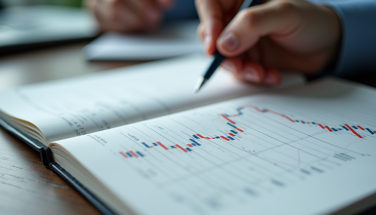 Close-up view of a forex trading journal with handwritten notes and USD currency pair charts