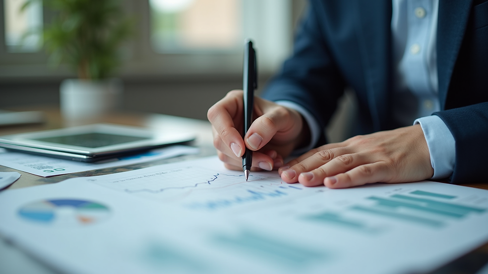 Close-up view of a person writing notes while studying trading materials
