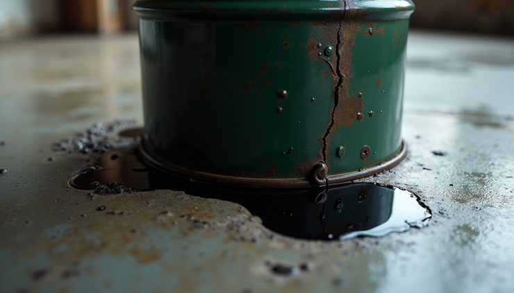 Close-up view of a cracked oil barrel symbolizing economic strain