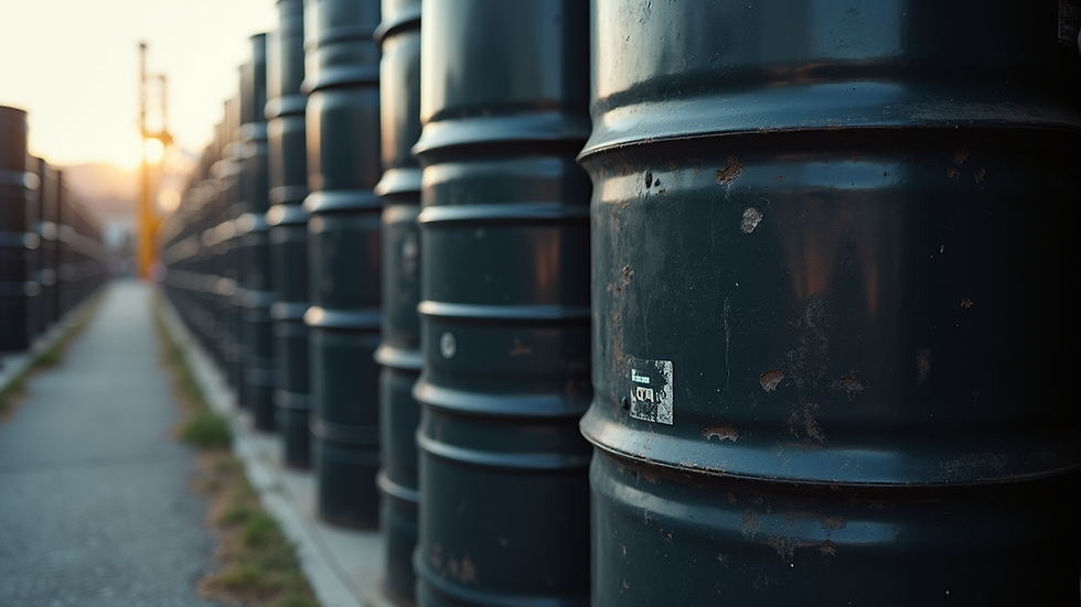 High angle view of crude oil barrels stacked in an industrial storage yard