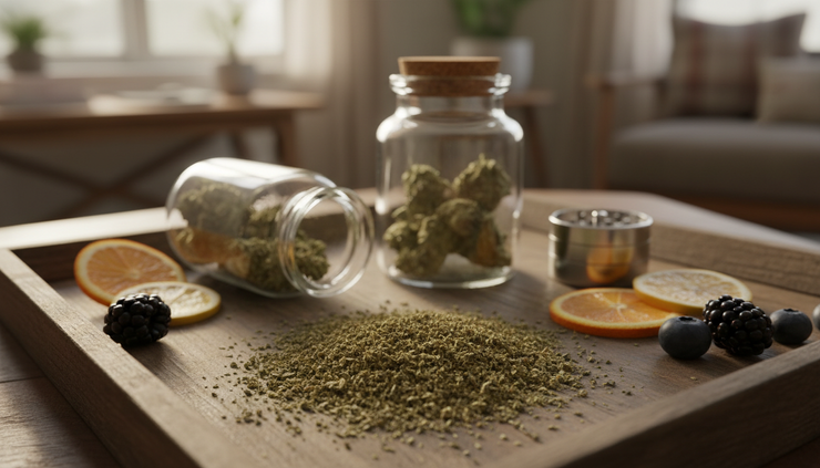 Eye-level view of ground cannabis beside a glass jar and citrus slices