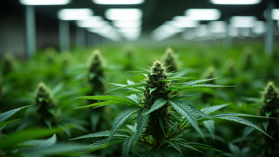 Close-up view of healthy cannabis leaves under grow lights