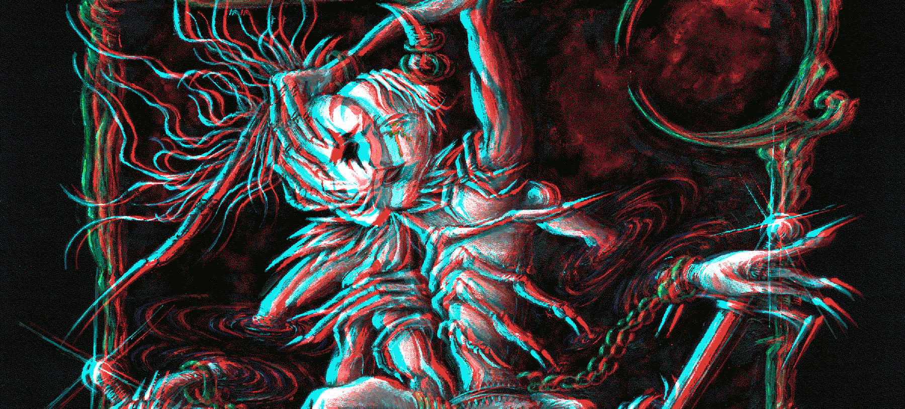 Skeleton woman holding two swords in a pool of red