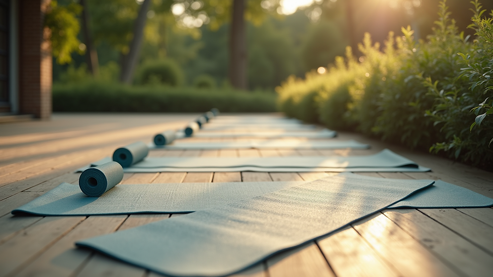 Wide angle view of a serene outdoor setting with yoga mats laid out