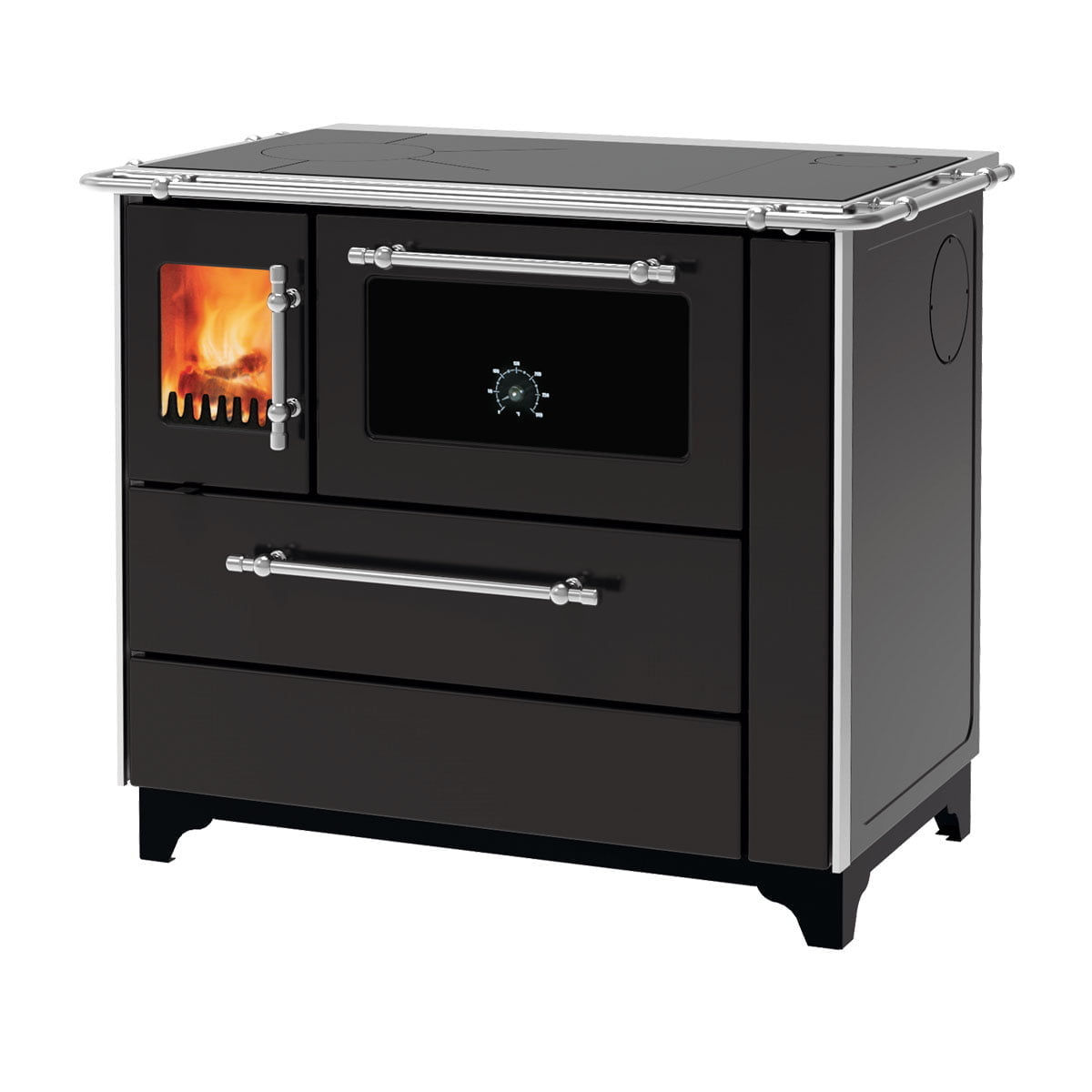 Donna 90 houtfornuis met traditionele kookplaat en oven - robuust ontwerp van Alfa Plam, ideaal voor koken en verwarmen.