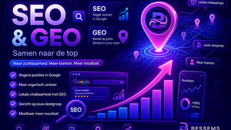 Infographic over SEO en GEO van Bessems Marketing Service: hoger scoren in Google en lokale vindbaarheid via AI-zoekmachines