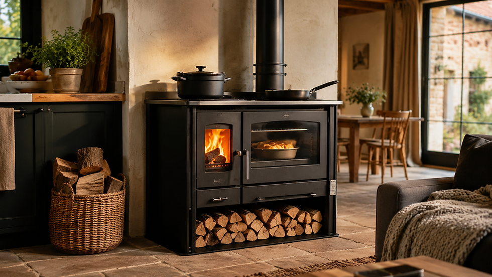 Houtgestookt fornuis van Alpha Flame met kookplaat, oven en zichtbaar haardvuur in een landelijke keuken.