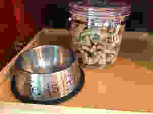 Life is Good Dog treats and bowls.