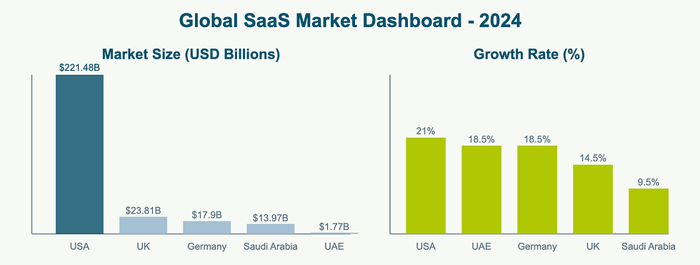 Bar charts show USA leading in SaaS market size ($221.48B) and growth rate (21%) for 2024. Other countries include UK, Germany, UAE.
