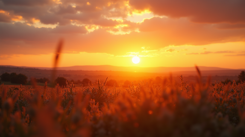 Eye-level view of a serene landscape with a vibrant sunset