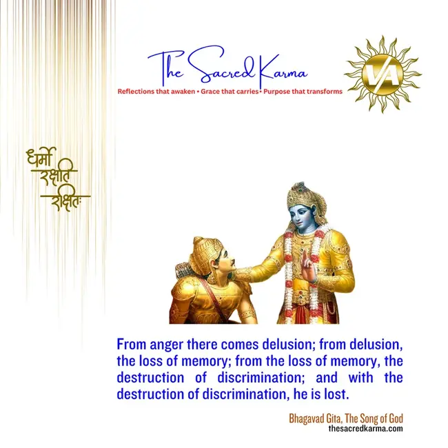 Illustration of Krishna and Arjuna from the Bhagavad Gita with inspirational spiritual quotes, promoting teachings of The Sacred Karma, reflections on purpose, grace, and transformation, thesacredkarma.com