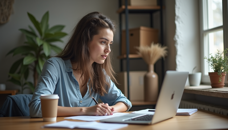 Eye-level view of a student working on a laptop with notes and coffee on the desk