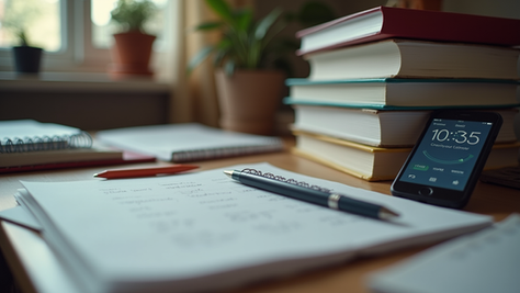 A study desk with books and a timer set for a Pomodoro session