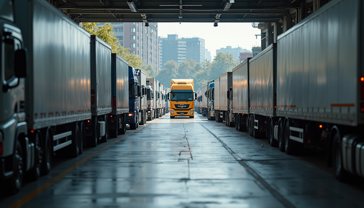 Eye-level view of a busy urban transport depot with buses and delivery trucks lined up