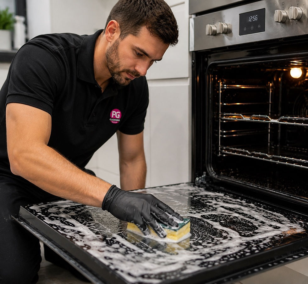 Professional end of lease oven door cleaning in Melbourne with foam degreasing and detailed scrubbing
