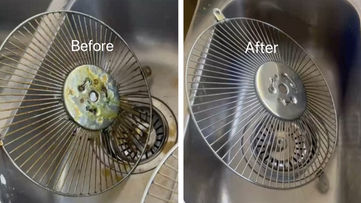 Before and after rangehood filter cleaning in Clayton Melbourne for end of lease inspection, showing removal of heavy grease build-up.