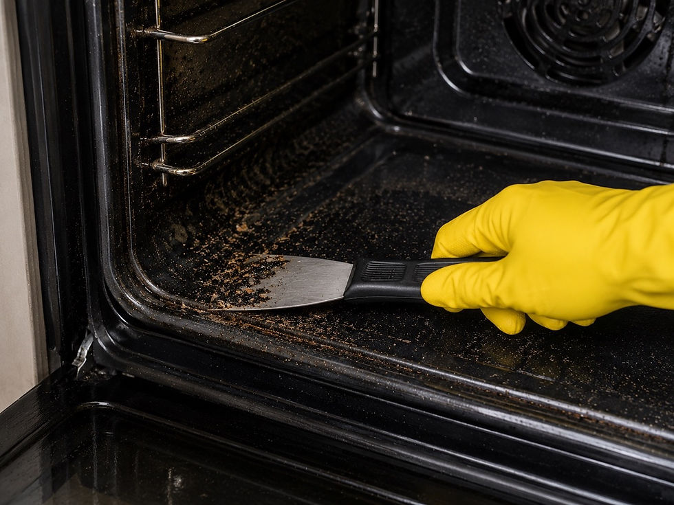 Removing burnt grease buildup inside oven during professional oven cleaning service