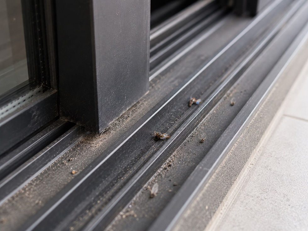 Dirty window track with dust buildup and dead insects before final inspection