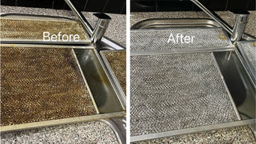Before and after greasy rangehood filter cleaning in Clayton.