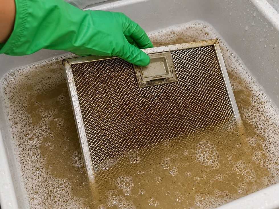 Rangehood filter soaking in degreaser before professional cleaning in Melbourne