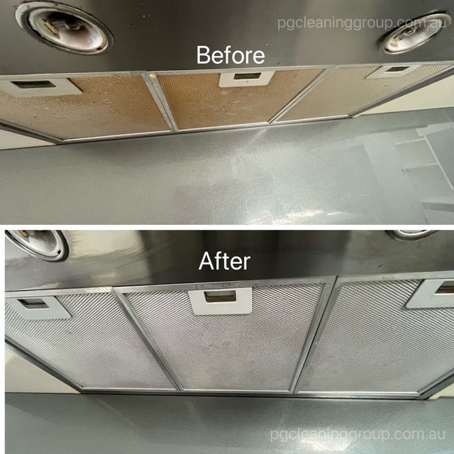 Before and after rangehood filter cleaning during end of lease cleaning in Melbourne