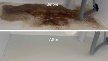 Before and after under sink cabinet cleaning in Clayton Melbourne for end of lease inspection, showing removal of heavy water stains and mould.