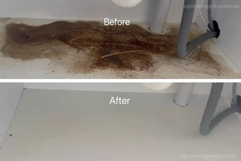 Before and after under sink cabinet cleaning in Clayton Melbourne for end of lease inspection, showing removal of heavy water stains and mould.
