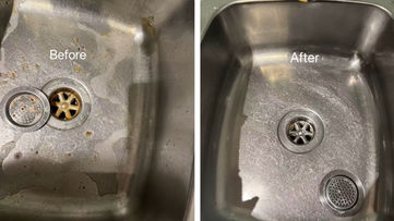 Before and after kitchen sink cleaning in a Chadstone rental property during end of lease cleaning.