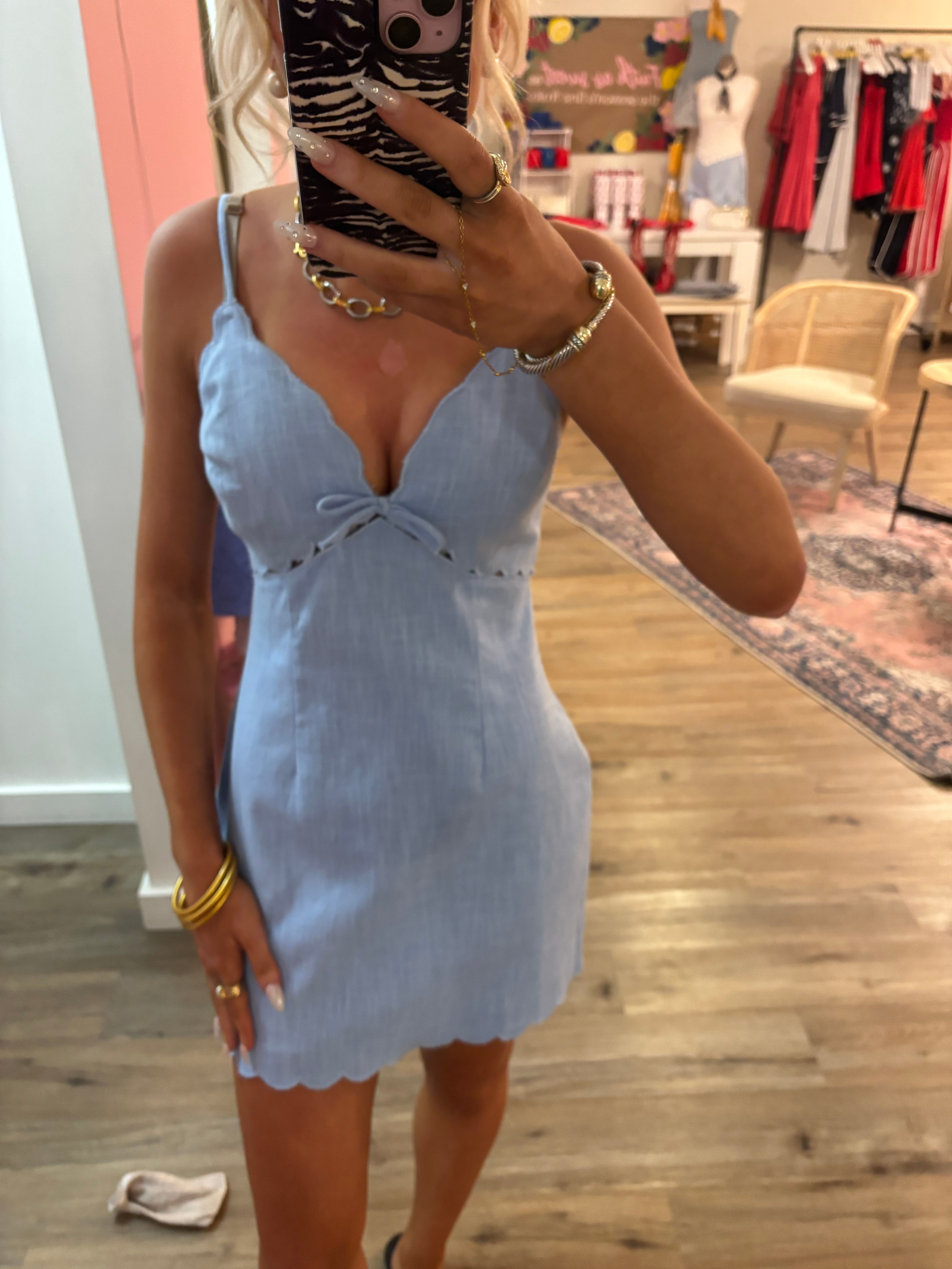 Linen Scallop Cut V-Neck Mini Dress