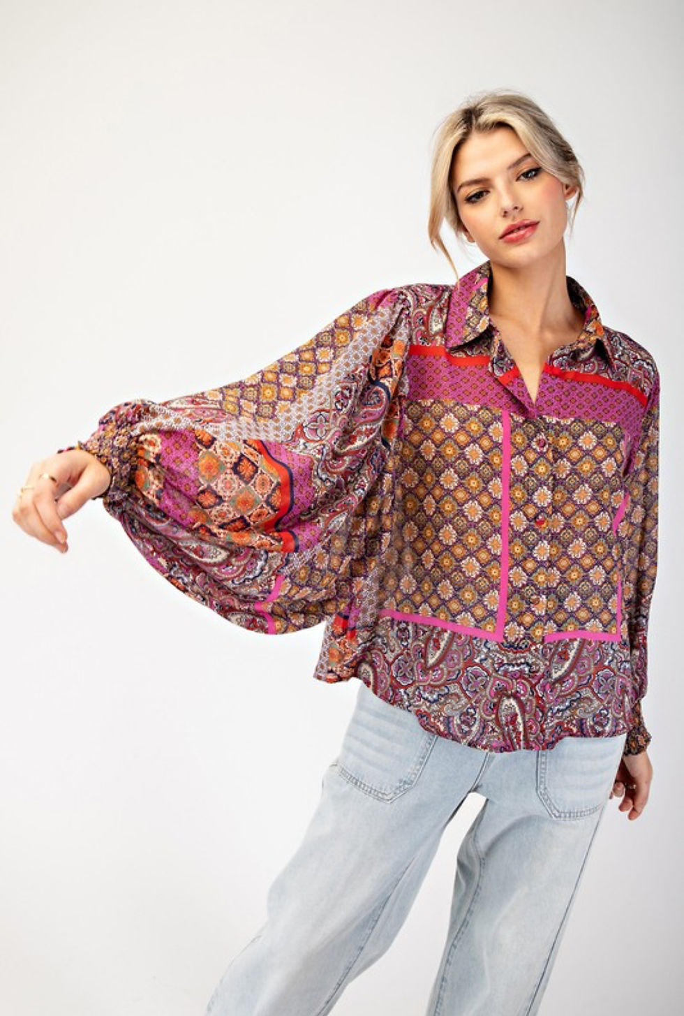 Thumbnail: Boho Collared Long Sleeve Smock Cuffs Top - Hot Pink/Red