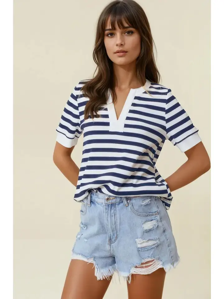 Thumbnail: Split V-Neck Striped 3/4 Sleeve Top