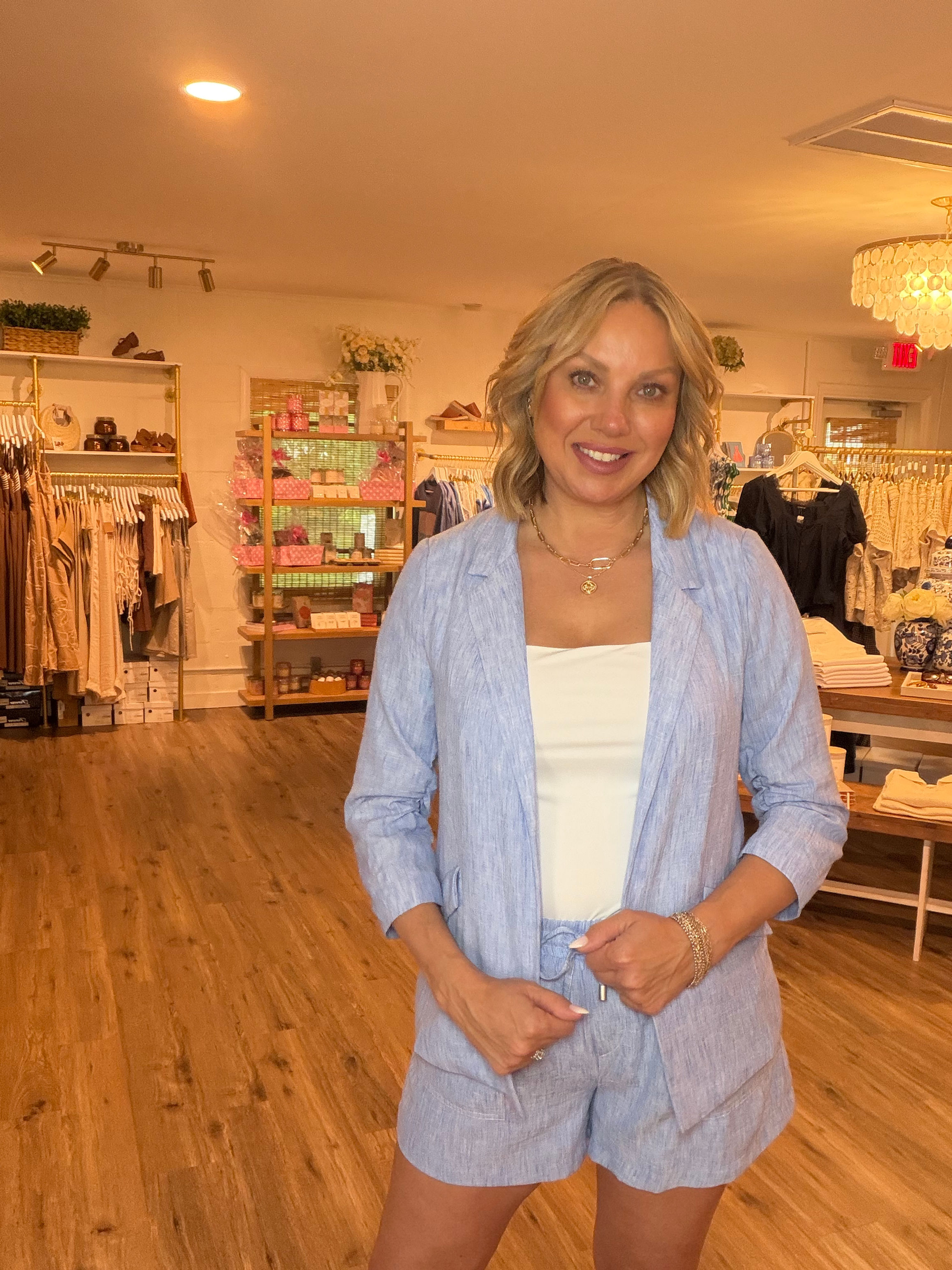 Chambray Ruched Sleeve Blazer